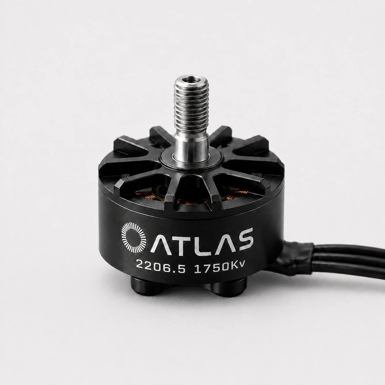 Atlas 2207 1750KV brushless motor with threaded shaft in a front studio view