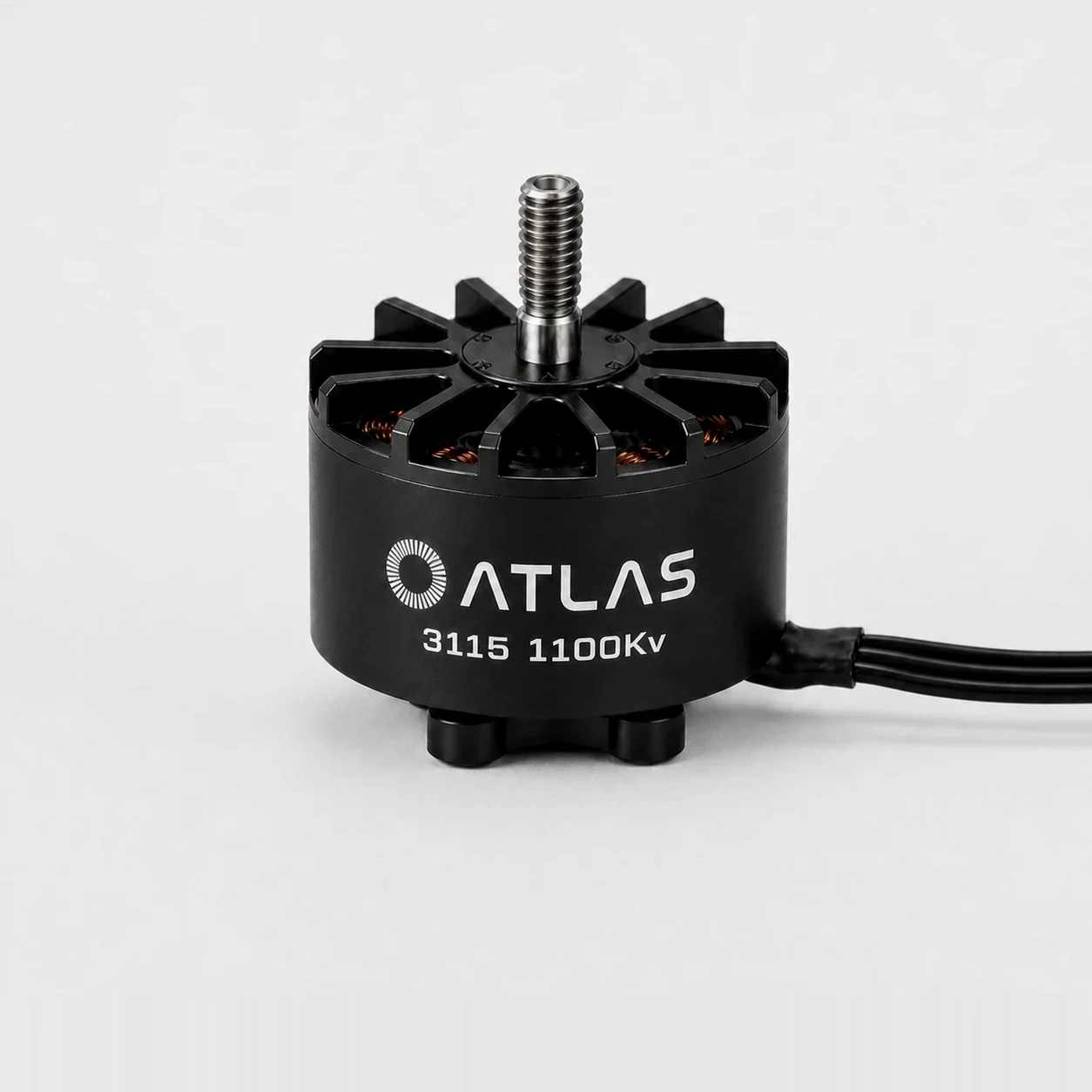 Atlas 3115 1100KV brushless motor with threaded shaft in a front studio view